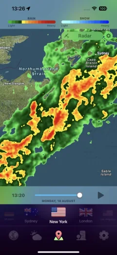Live weather radar screen with rain map