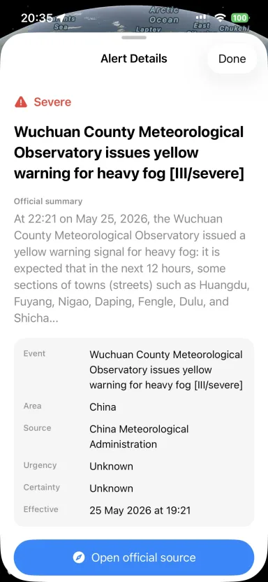 Stormora weather warning list screen