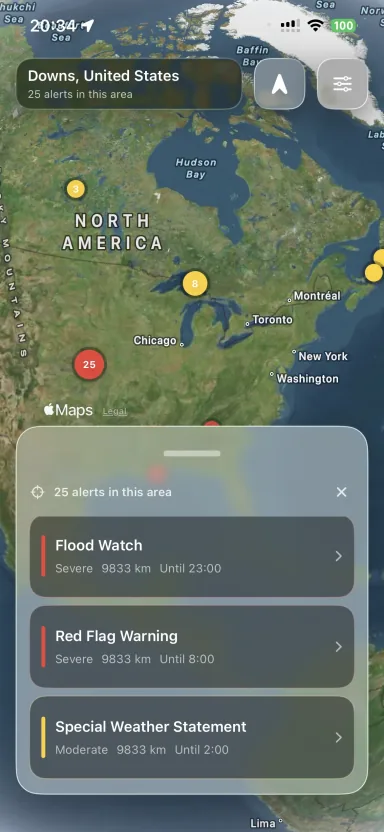 Stormora active weather warning map screen